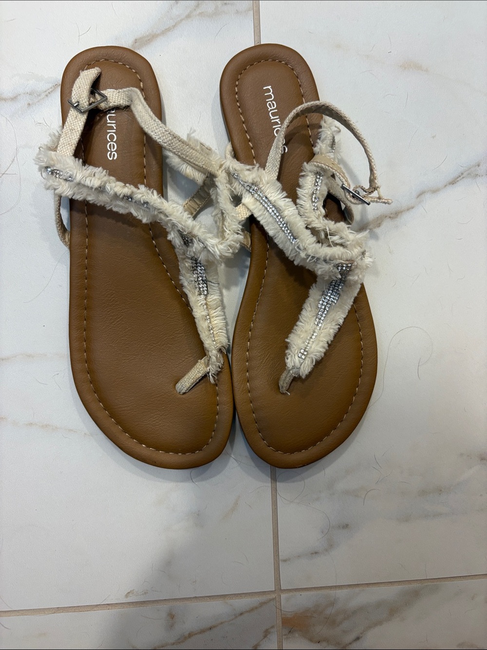 Maurices Cream Frayed Beaded T-Strap Sandals